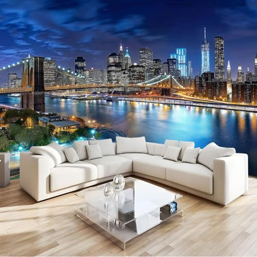 Pont De Brooklyn Papier Peint 3D Panoramique Vue De Nuit De La Ville De New York Intissé Peinture Murale Décor Mural, Pour Salon Chambre Tv Fond Murale Décoration 350x256 cm