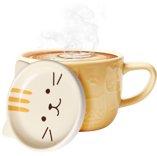 BAIFULAI Tasses Chat Kawaii avec Couvercle: 1 Set Tasse À Café en Céramique, Robuste & Polyvalente pour Enfants Et Femmes (Jaune / 220ml)