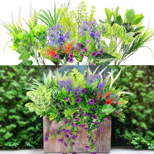 YUGYUM Artificial Plants Flowers Outdoor UV Resistant Fall Outdoor Decor, 14 Bundles Faux Greenery Leaves Boxwood, Plastic Fake Shrub Bushes for Garden Porch Planter Indoor