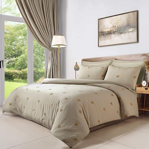 LYMA Bedding Duvet Cover Set Super King Heart Tufted, OEKO-TEX Certified, Ultra Soft NanoPlush Double Brushed Quick Dry & Button Closure, Wrinkle Fade Resistant Quilt Cover with Pillowcases (Beige)