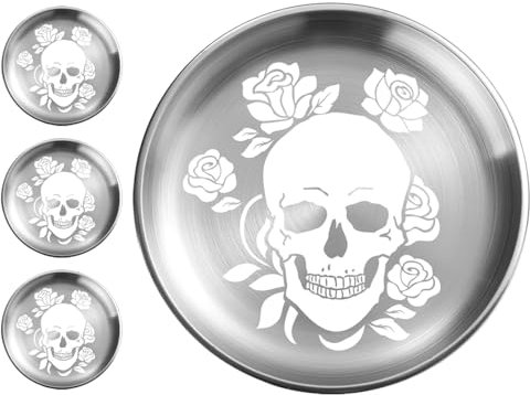 XIAOYU Juego de 4 platos llanos de acero inoxidable con diseño de esqueleto para Halloween, redondos de metal con diseño gótico de calavera y flor, aptos para lavavajillas, Plata