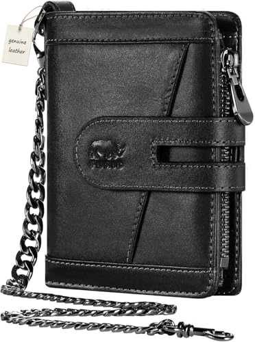 furid Men's Genuine Leather Chain Wallet: Bifold Zipper Coin Pocket with Anti-Theft Chain - RFID Blocking Biker Wallet - Gift for Father Husband Motorcycle Outdoor Use