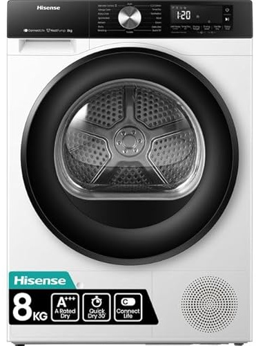 Hisense 3S WiFi Series DH3S802BW3 60cm Freestanding 8KG Heatpump Front Load Tumble Dryer - 16 Programmes - Auto dry- Steam Refresh - Allergy Care - White A+++ Rated