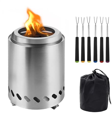 Brasero de Table 20x14cm, Brasero sans Fumée avec Granulés Ou Bois, Braséros en Acier Inoxydable avec 6 Fourchettes à Griller Télescopiques, Foyer de Table Portable pour Balcon et Jardin, Terrasse