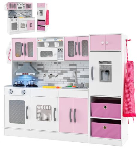 GYMAX Large Play Kitchen, Modular Toy Kitchen with Water Circulation, Refrigerator, Microwave, Oven, Ice Maker, Accessories, Lights & Sounds, Kids Cooking Role Playset for 3+ Years Old (Pink+White)