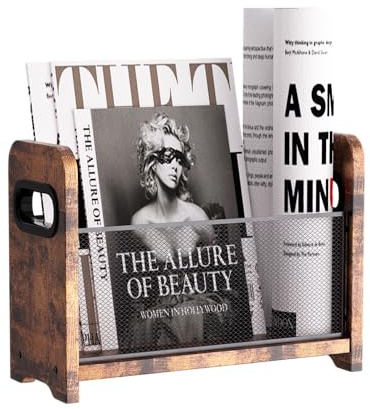 Wood Magazine Holder & Rack - Retro Brown Mesh Storage Basket for Books, Newspapers, Files - Desk/Floor Organizer