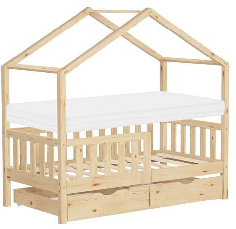 ML-Design Kinderbett Hausbett 70x140 cm Natur mit Matratze, Holzbett mit 2 Schubladen, Rausfallschutz und Lattenrost, Spielbett aus Kiefernholz, Montessori Bettgestell für Kinder, Bodenbett Bettenhaus