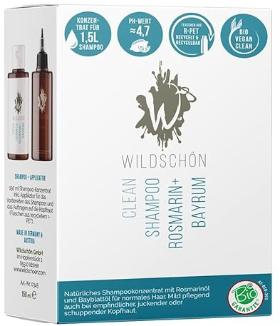 WILDSCHÖN Bio Shampoo KONZENTRAT Rosmarin + Bayrum – Naturshampoo für dünnes & feines Haar – 150 ml (ergibt 1,5 L) – vegan, silikonfrei, parabenfrei, plastikreduziert – mit gratis Applikatorflasche