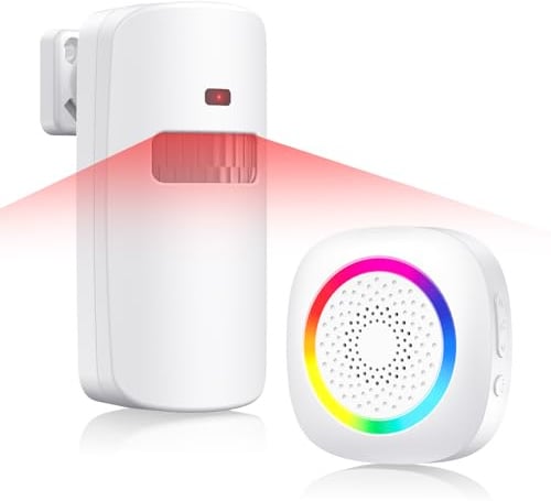TECKNET Durchgangsmelder Alarm Klingel, PIR Bewegungssensor Innen, 120dB | 6M*110° Erfassungsbereich, RGB-Beleuchtung, 61 Melodien, 5-stufige Lautstärke, für Zuhause, Geschäfte, Garage, Wohnmobil