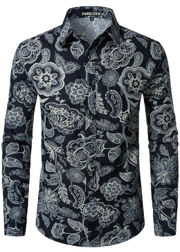 PARKLEES Men's Cotton Linen 70s Disco Retro Traditional Pattern Printed Long Sleeve Button Down Shirt Navy White Large