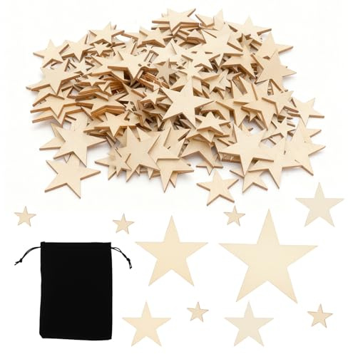 Holzsterne zum Basteln - 200PCS in 4 Größen (1cm-4cm) für Weihnachtsdeko, DIY Handwerk und Streudeko, mit schwarzem Stoffbeutel für Aufbewahrung