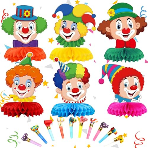 LUKIUP Karneval Clown Tischdeko, 16 Stück 3D Karneval Deko, Bienenwaben Tischdekoration für Kindergeburtstag, Fasching und Zirkus Thema Halloween und Weihnachten