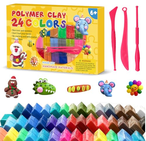 Polymer Clay 24 Colors, Polymer Clay Set, Modelling Clay for Kids DIY Starter Kits, Polymer Clay Starter Kit with Sculpting Tools, Oven Bake Clay, Crafts Gift for Beginners/Adults
