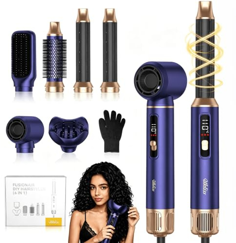 UKLISS Hairstyler 6 in 1 Air Styler Set [mit Diffusor], Pro Hair Styler Set | LCD Display 1000w Haartrockner mit Diffusor, Air Lockenstab Rundbürstenföhn, Föhnbürste, Glättbürste - Gold Blau