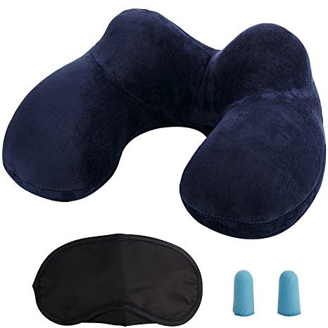 Oreiller de Voyage Gonflable avec Double Vanne, LUZWAY Coussin de Cou Gonflable de Velours Doux et Housse Lavable avec Bouchon d'oreille et Masque pour Les Yeux [Bleu]