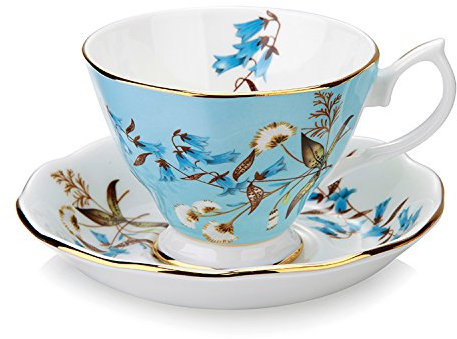 Gift Set Vintage Fine Bone China Tea Cup Spoon and Saucer Set Gold Trim Fine Dining and Table Décor (Dandelion)