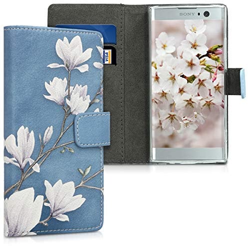 kwmobile Wallet Case kompatibel mit Sony Xperia XA2 Hülle - Cover mit Ständer und Kartenfächern - Magnolien Taupe Weiß Blaugrau