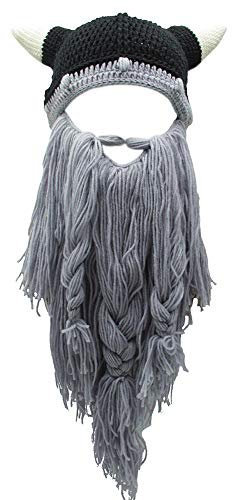 XINQIAO Herren Wikinger Bart Mütze Handarbeit Stricken Lustig Hut Gehörnt Deckel (Hellgrauer Bart)