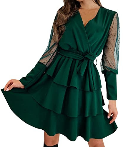 OverDose Soldes Robe Dentelle Femme Blanche Sexy, Robes de Soirée Cocktail Été Manches Longue Col V Élégant Dress évasée Fluide