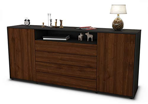 Stil.Zeit Sideboard Enzo, Korpus anthrazit matt, Front Holz-Design Walnuss (180x79x35cm) Push-to-Open Technik & Leichtlaufschienen