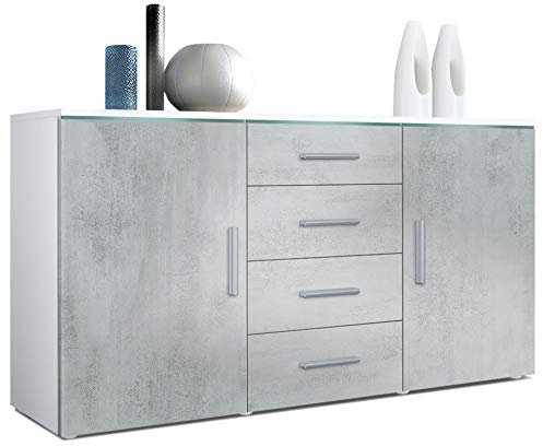 Vladon Buffet Dressoir Faro, Corps en Blanc Mat/Façades en Aspect béton oxyde (139 x 72 x 35)