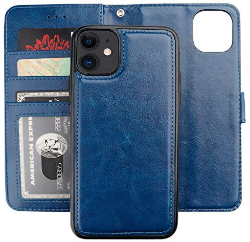 Bocasal Wallet Case for iPhone 11 Blue | with Card Holder, PU Leather, Magnetic Detachable, Kickstand, Shockproof, Wrist Strap, Removable, Flip Cover, 6.1 inch