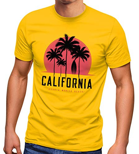 Neverless® Herren T-Shirt California Palmen Santa Monica Beach Sommer Sonne Fashion Streetstyle gelb L