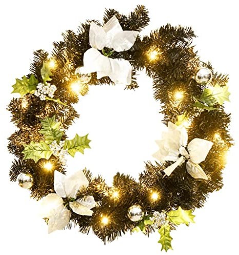 vidaXL Weihnachtskranz, Türkranz Weihnachten mit LED-Leuchten Christbaumkugeln, Adventskranz Dekokranz Weihnachtsdeko für Innne Außen, Schwarz 60cm PVC
