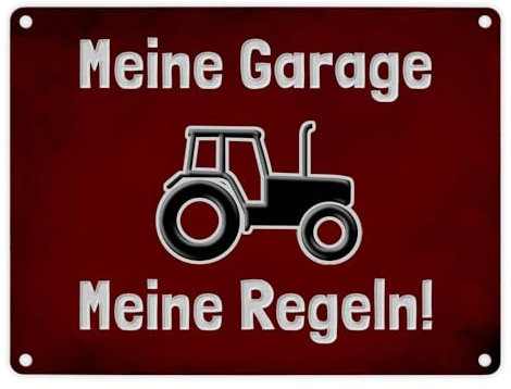 Meine Garage Meine Regeln! Metallschild in 15x20 cm mit Traktor und rotem Hintergrund für Trekkerfahrer Warnschild Garagen-Aluminiumschild Warnung Hinweisschild Garagenbesitzer