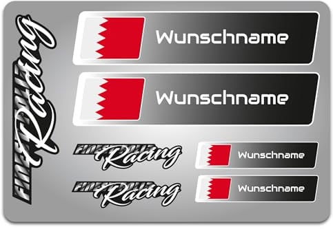 4er Set Aufkleber mit Fahne Flagge und wahlweise Name Sticker für Auto Fahrrad Motorrad Roller Helm im Rallye Racing Design R156 (02 Bahrain, Mit Wunschname)