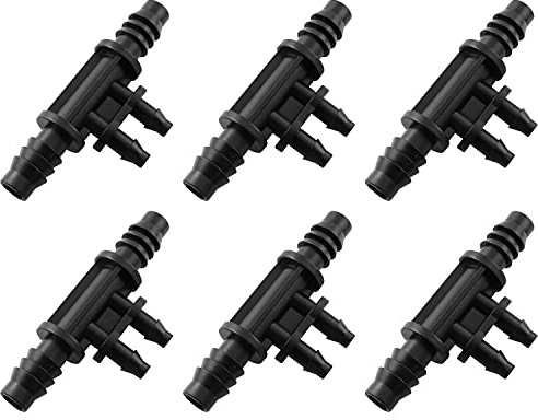 RLECS 6 Stück 3/8 Zoll bis 1/4 Zoll Gewächshaus Tropfbewässerung Wasser 4-Wege-Splitter für 4 mm Tropfschlauch Gartenwasser Bewässerungsarmaturen schwarz