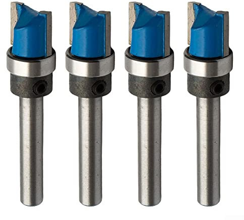 4 Pcs 1/4 Inch Shank Flush Trim Mortise Template Router Bit Set Wood Top Bearing Milling Cutter Tools, Silver+blue