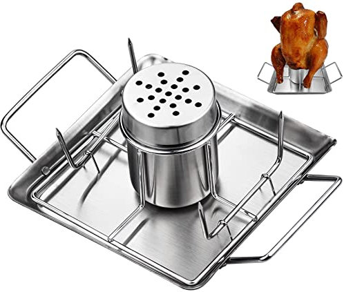 iRenXiao Brathähnchen-Bräter aus Edelstahl, BBQ Chicken Grill, mit Bierdose, Grillzubehör für Barbecue, für Grill im Freien, Ofen, BBQ Accessoire mit 4 Gemüsespießen