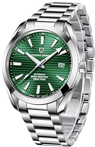 PAGRNE DESIGN Herren Automatikuhr Japan NH35 Uhrwerk Saphirglas Edelstahlarmband 100 Meter wasserdicht Sportuhr
