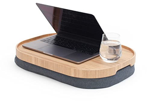 Bandeja portátil Multifuncional con cojín moldeable. para Ordenador portátil Desayuno Cena. Bandeja Antideslizante. Funda de Almohada Lavable extraíble. Almohada Gris. Natural. Grande (47x34x6,5 cm)
