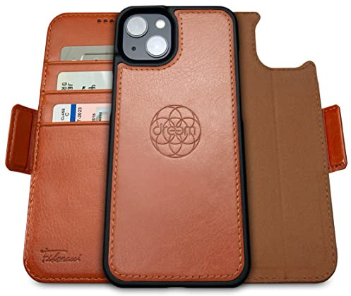Dreem Fibonacci kompatibel mit iPhone 14 Plus Brieftaschen-Etui / 2-in-1 stoßfestes Etui und abnehmbares Folio aus veganem Leder, MagSafe-kompatibel, RFID-Schutz [Karamell]
