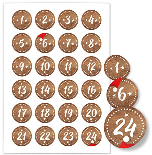 Adventskalender-Zahlen Aufkleber 1 bis 24 / braun gestrichelt/Etiketten/Sticker/Weihnachtskalender/Advent/Rund/DIY/zum Aufkleben
