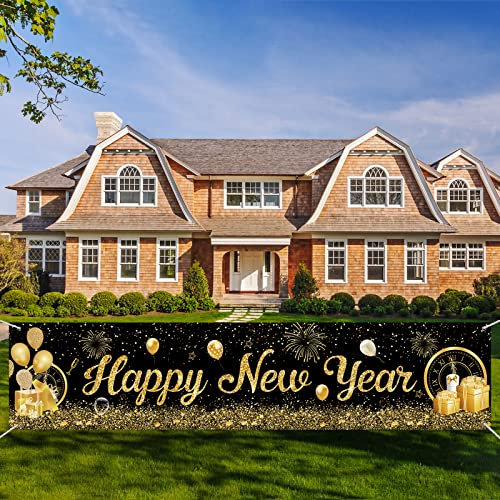 YOTANGO Silvester Deko 2024 Neujahr Banner, Lang Happy New Year Banner Schwarz Gold Party Backdrop Silvester Banner 2024 für Drinnen Draußen Happy New Year 2024 Deko Silvesterparty Silvesterdekoration