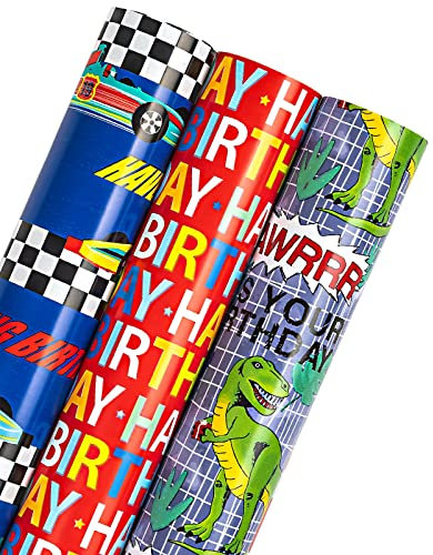 RUSPEPA Geburtstags-Geschenkpapierrolle – Mini-Rolle – Dinosaurier/Rennwagen/„Happy Birthday“-Schriftzug-Design Für Kinderparty, Feier, Babyparty – 3 Rollen – 43,2 cm X 305 cm Pro Rolle
