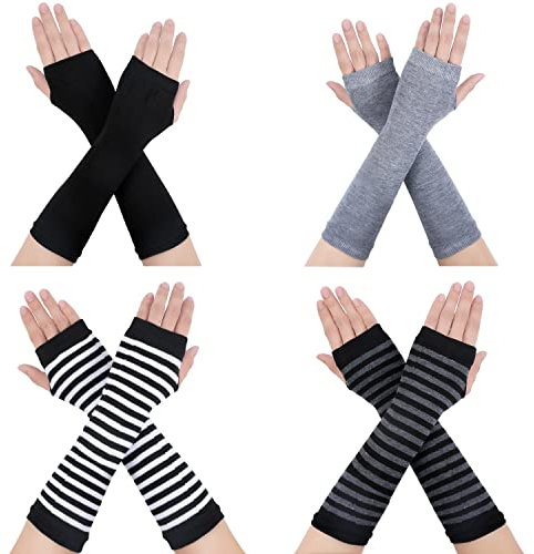 4 Paar Fingerlose Winterhandschuhe, Handschuhe Lang Fingerlos Rave Fingerlose Armstulpen Lang Lange Armwärmer mit Fingerlöchern für Damen Herren Kinder