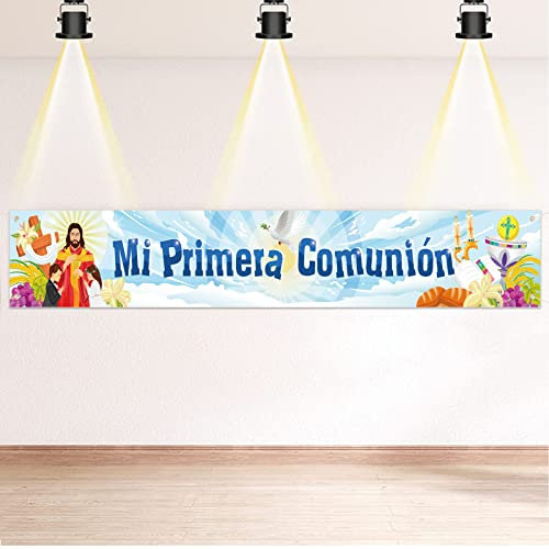 DPKOW Azul Mi Primera Comunión Pancarta Decoración para Niños, Azul Mi 1era Comunión Pancarta para Niños Primera Comunión Jardín Exterior Decoración, Comuniones Casa Pared Decoración, 260 * 40cm
