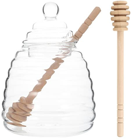 Luxshiny Honey Jar with Wooden Dipper and Lid Glass Honey Pot Container Dispenser for Home Kitchen Store Honey and Syrup Jam Jelly