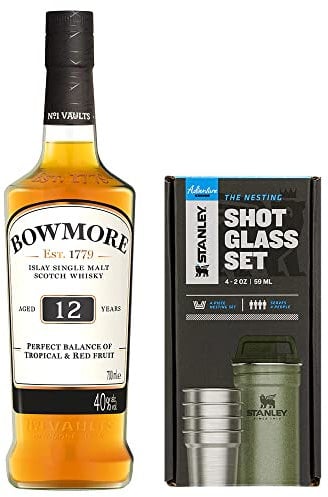 Stanley Adventure Nesting Schnapsgläser Set 59 ml | 2OZ Hammertone Green | BPA-frei | Spülmaschinenfest + Bowmore 12 Jahre | Single Malt Scotch Whisky | 40 Prozent Vol | 700ml | Bundle