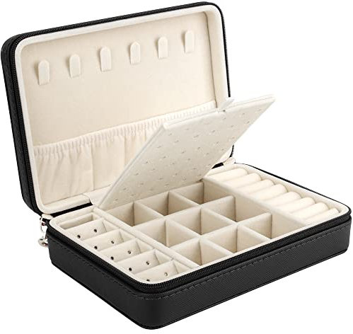 Casiwaft Schmuckkästchen Organizer für Mädchen Frauen, Kleines Kunstleder Reise Schmucketui mit Reißverschlüssen, Schmuck Organizer Aufbewahrung für Ringe Ohrringe Halskette, Jewellery Box, Schwarz