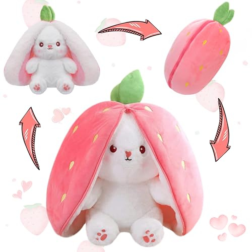 MIAODAM Bunny Stuffed Animal Reversible Cuddle Bunny Stuffed,Strawberry Bunny Transformed Rabbit Plush Zipper,Turns Into Ears Bunnies Plushies Toy Cute Stuffy Doll Easter