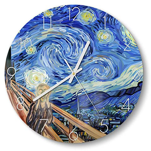 DEQORI Glasuhr | rund Ø 30 cm | Motiv Munch trifft Van Gogh | ausgefallene leise Design Uhr aus Glas | Wanduhr für Wohnzimmer & Küche | moderne Hingucker Uhr für die Wand
