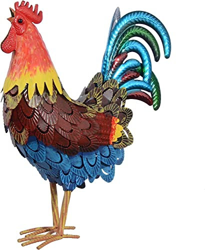 Rooster Statues Garden Decor, Indoor Metal Chicken Sculpture Yard Art for Outdoor Farm Patio Lawn Back Yard Home Decorations (Red)