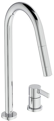 Ideal Standard - Gusto, Miscelatore monocomando per lavello da cucina a due fori, Bocca alta tubolare con doccetta orientabile ed estraibile a due funzioni, Cromato