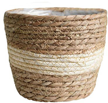 TITA-DONG Seegras-Pflanzkorb, Blumentopf-Abdeckung, Aufbewahrungskorb, Pflanzbehälter, Handgewebter Korb-Pflanzgefäß mit Kunststoffeinlagen für Pflanzen Im Innen- und Außenbereich(Weiß 18cm)