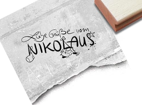 Stempel Liebe Grüße vom Nikolaus - Textstempel mit Wichtel Gnom - Nikolaus Stempel Geschenkanhänger Basteln Nikolausdeko Scrapbook - von zAcheR-fineT (klein ca. 46 x 19 mm)